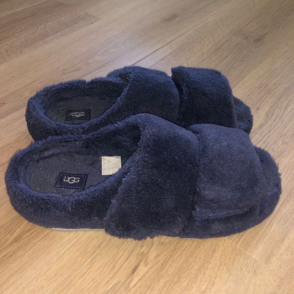 UGG FLUFF YOU IT YEAH SHEEPSKIN SHEARLING FUR BLUE SLIDES SLIPPERS MENS SIZE 11